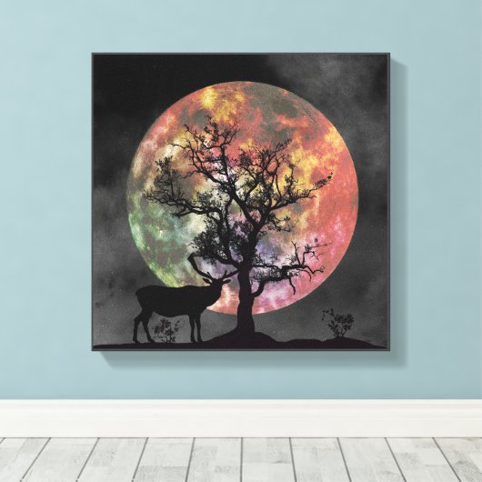 Prachtige Full Moon Elk Silhouette Canvas Wall Art (Insitu (Houten vloer))