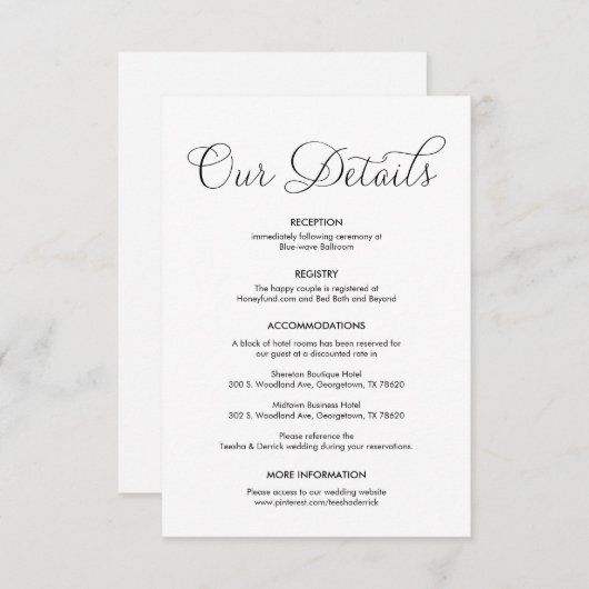 Prachtige gegevens over onze bruiloft, klassieke z informatiekaartje (Voorkant / Achterkant)
