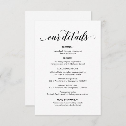 Prachtige gegevens over onze bruiloft, moderne zwa informatiekaartje (Voorkant / Achterkant)