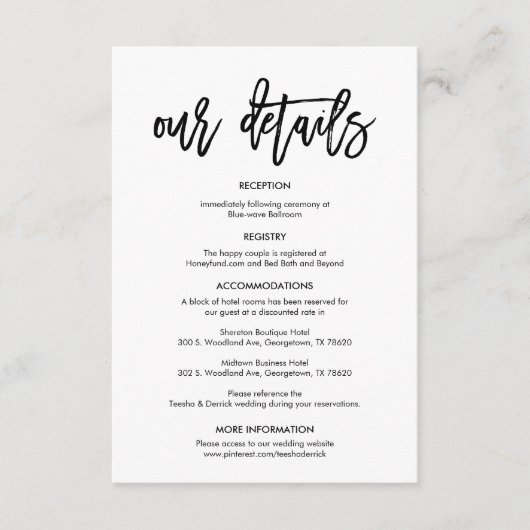 Prachtige gegevens over onze bruiloft, zwarte pens informatiekaartje (Voorkant)
