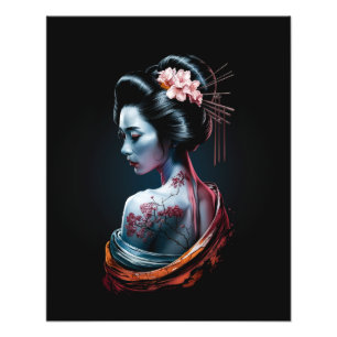 Prachtige Geisha Art Print - Zwarte achtergrond! Foto Afdruk