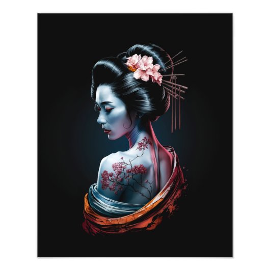 Prachtige Geisha Art Print - Zwarte achtergrond! Foto Afdruk (Voorkant)