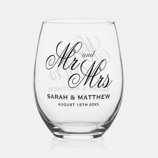 Prachtige gepersonaliseerde Mr en Mrs Wedding Wijnglas Zonder Voet (Achterkant)