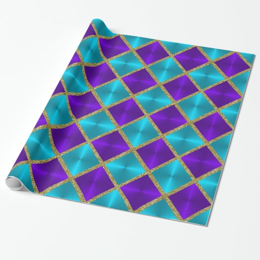 Prachtige Glitter Turquoise en Paarse Squares Cadeaupapier (Uitgerold)