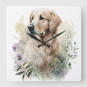 PRACHTIGE GOLDEN RETRIEVER HOND MET WILDE BLOEMEN VIERKANTE KLOK
