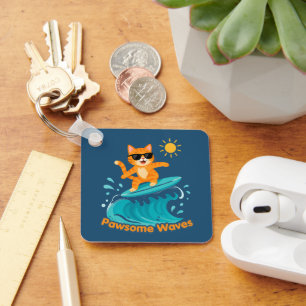 Prachtige Golven Surfen Oranje Kat Acryl / Metaal Sleutelhanger