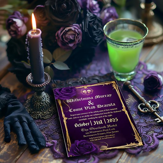 Prachtige gotische Paarse en gouden schedel en Bot Folie Uitnodiging