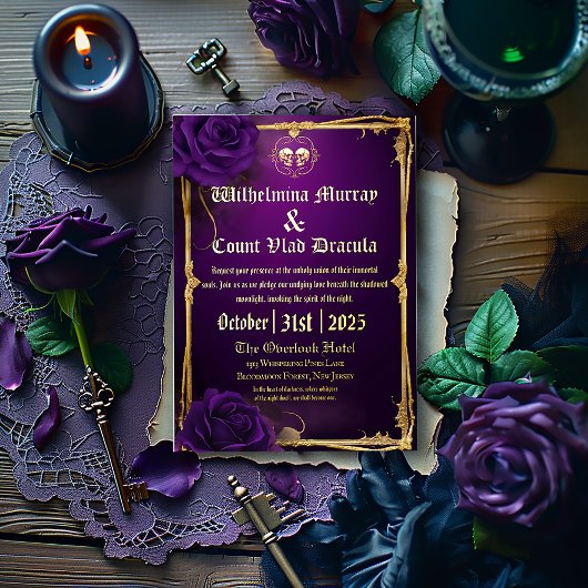 Prachtige gotische Paarse en gouden schedel en Bot Folie Uitnodiging