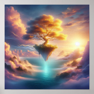 Prachtige Gouden Boom Over Droomachtige Oceaanluch Poster