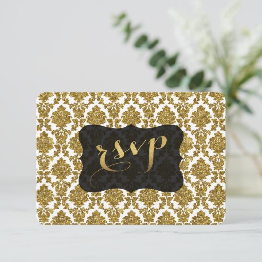 Prachtige Gouden Damast Goud Folie Trouw RSVP (Staand voorkant)