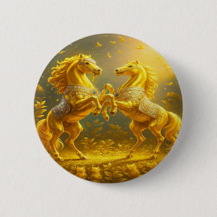 Prachtige gouden paarden dansen in betoverde zonso ronde button 5,7 cm