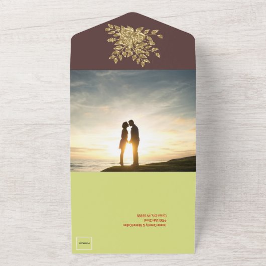 Prachtige gouden Roos bruiloft All In One Uitnodiging (Buitenkant)