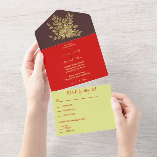 Prachtige gouden Roos bruiloft All In One Uitnodiging (Afscheurbaar)