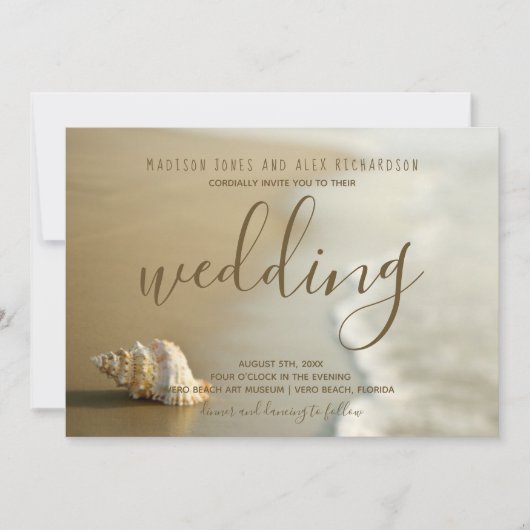 Prachtige gouden schelp strand trouw uitnodiging (Voorkant)