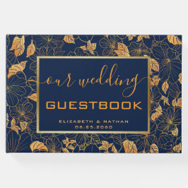Prachtige goudfloral marinevlek Blue Wedding Guest Gastenboek