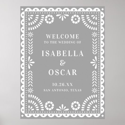 Prachtige Gray Papel Picado Weddenschap Welkomstbo Poster (Voorkant)