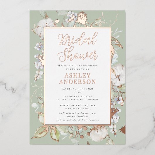 Prachtige groene Botanische Vrijgezellenfeest Roos Folie Uitnodiging (Voorkant)