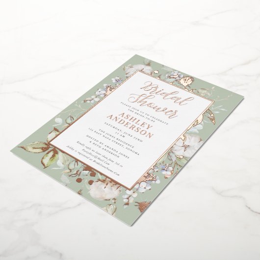 Prachtige groene Botanische Vrijgezellenfeest Roos Folie Uitnodiging (Gedraaid)