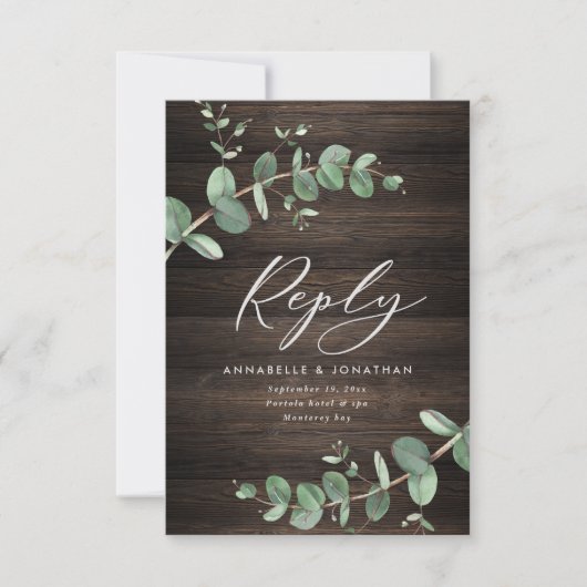 prachtige groene eucalyptusbruiloft donker hout RSVP kaartje (Voorkant)