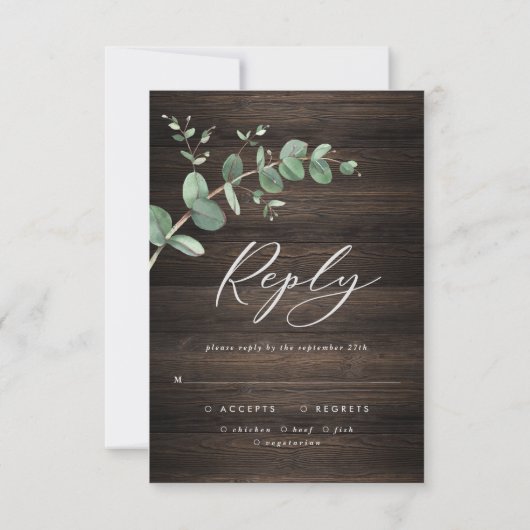 prachtige groene eucalyptusbruiloft donker hout RSVP kaartje (Achterkant)