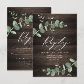 prachtige groene eucalyptusbruiloft donker hout RSVP kaartje (Voorkant / Achterkant)