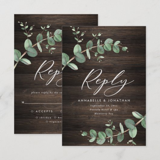 prachtige groene eucalyptusbruiloft donker hout RSVP kaartje (Voorkant / Achterkant)