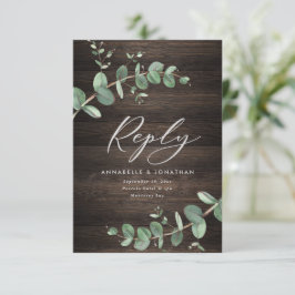 prachtige groene eucalyptusbruiloft donker hout RSVP kaartje