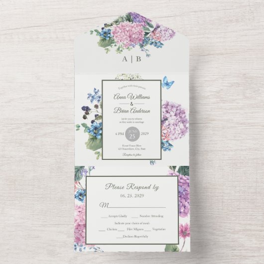 Prachtige Handgeschilderde Hydrangea Bloemenbruilo All In One Uitnodiging (Binnen)