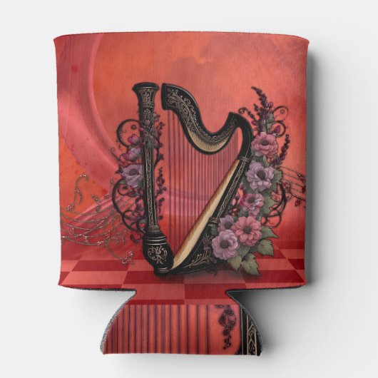 Prachtige harp met kleurrijke bloemen. blikjeskoeler (Achterkant)