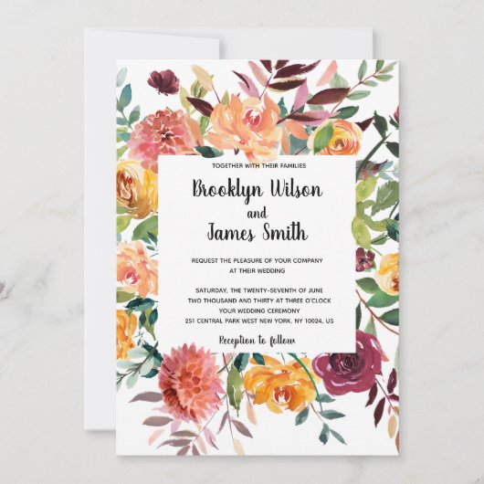 Prachtige Herfst Flowers Wedding Invitations Kaart (Voorkant)
