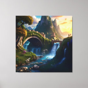Prachtige herfst waterval water onder brug 10 canvas afdruk