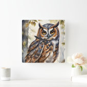 Prachtige houten uil op boomtak bladeren vierkante klok (Huis)