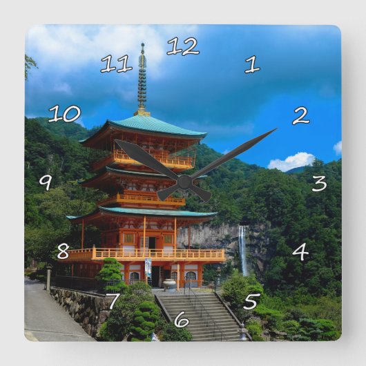 Prachtige Japanse Pagode & Waterval Vierkante Klok (Voorkant)