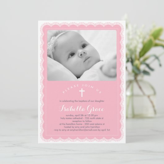 Prachtige Kant Baptisme uitnodiging - Roze (Staand voorkant)