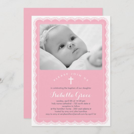 Prachtige Kant Baptisme uitnodiging - Roze (Voorkant / Achterkant)