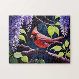 Prachtige kardinaal in de blauweregen legpuzzel