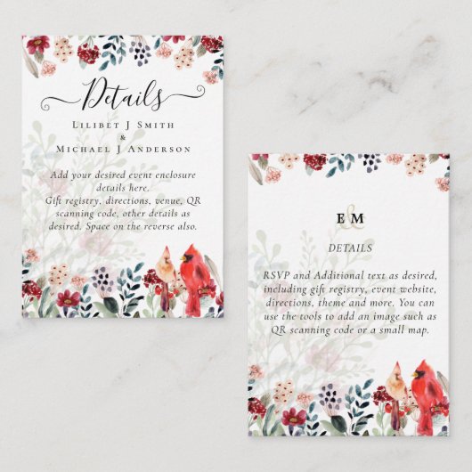 Prachtige KARDINAAL Vogels Trouwen Informatiekaartje (Voorkant / Achterkant)