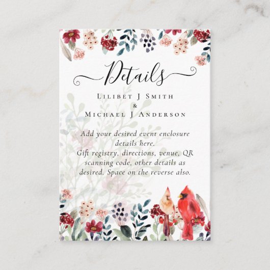 Prachtige KARDINAAL Vogels Trouwen Informatiekaartje (Voorkant)