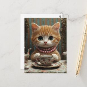 Prachtige kat in roze parels bij de thee briefkaart