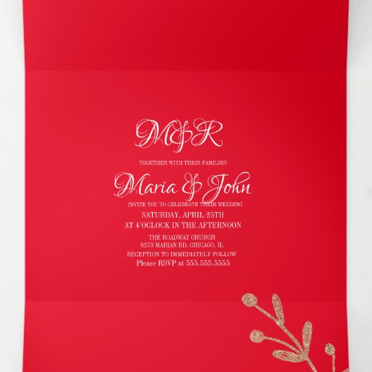 Prachtige Kerst Roze Gouden Takjes Rode Bruiloft Drieluik Uitnodiging (Binnenkant midden)