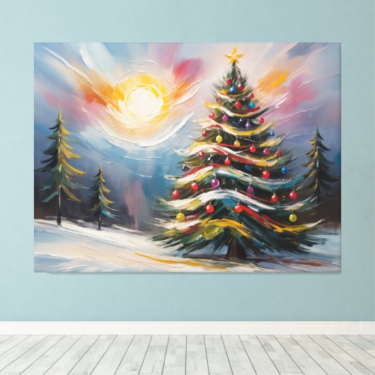 Prachtige kerstboom in Snowy Wonderland Canvas Afdruk (Insitu (Houten vloer))