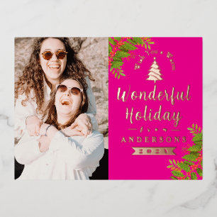 Prachtige kerstfoto hot roze folie feestdagen briefkaart