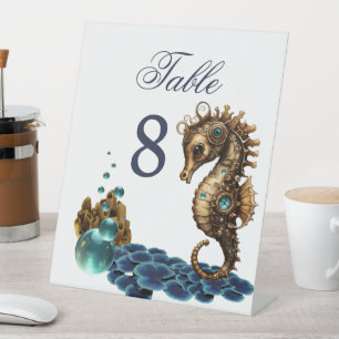 Prachtige kleine steampunk zeepaardje. reclamebord met voetstuk