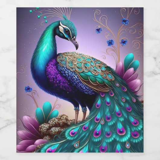 Prachtige kleurige Peacock Peafowl Bird Willife Wijn Etiket (Enkel label)