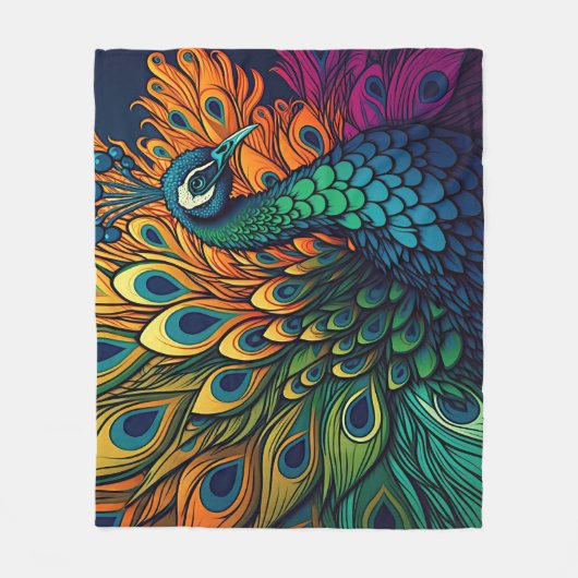 Prachtige kleurrijke pauw, art deco stijl fleece deken (Voorkant)