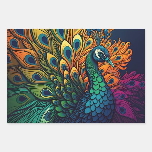 Prachtige kleurrijke pauw, art deco stijl inpakpapier vel (Voorkant)
