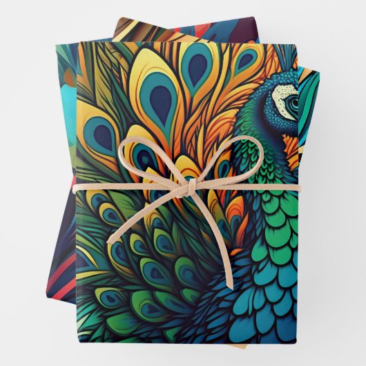 Prachtige kleurrijke pauw, art deco stijl inpakpapier vel (In situ)