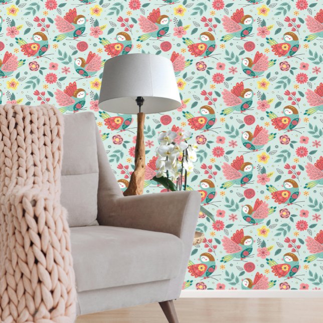 Prachtige kleurrijke vogel roze groen patroon behang (Stunning Colorful Bird Pink Green Pattern Wallpaper from Ricaso. Beautiful bold bird patterned paper)