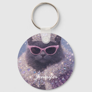 Prachtige Koningin Kat Glanzende Fantasie Portret Sleutelhanger