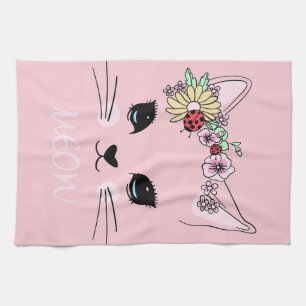 Prachtige ktische kat op het gezicht Meow Pink Cut Theedoek